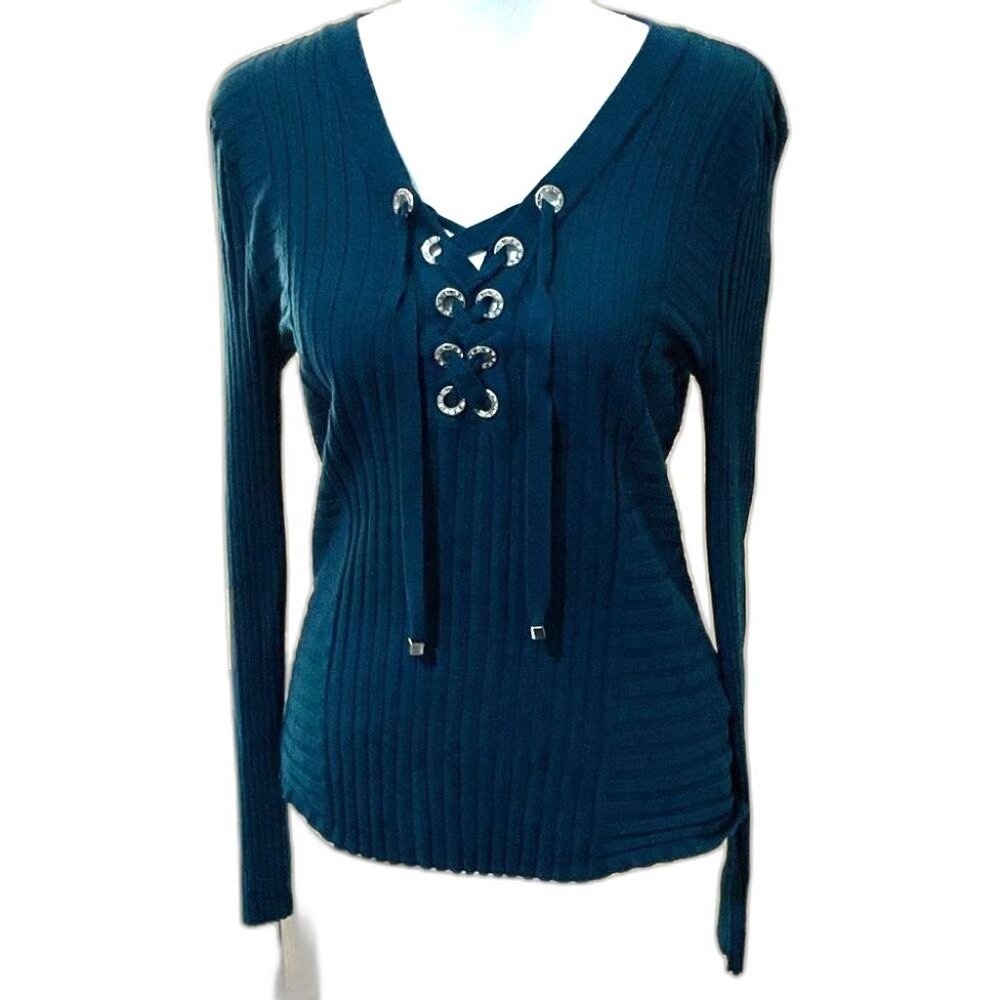 INC International Concepts Teal Lace-Up Ribbed V-Neck Sweater Top
